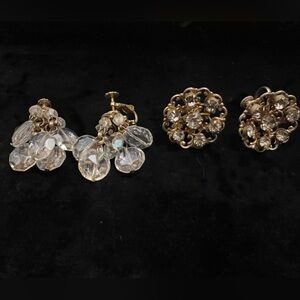 2 pairs of vintage screw back crystal and rhinestone gold tone earrings